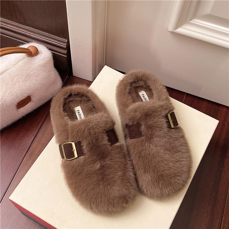 

Тапочки Mao Mao женская обувь для улицы 2025 осень и зима новая корейская версия на плоской подошве ленивая сумка голова хлопковые тапочки 40 темно-коричневого