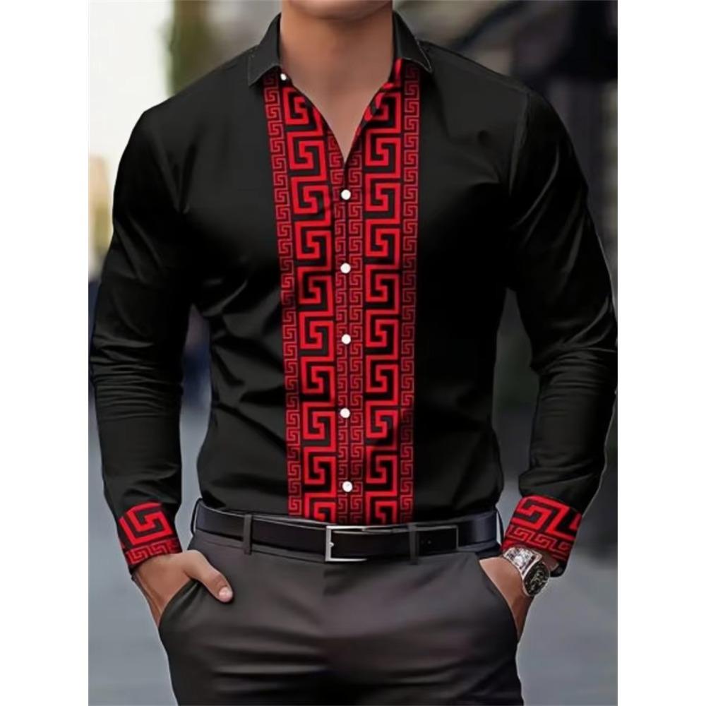 Men's Long-Sleeved Shirt with Pattern Design, Fashionable Lapel Button-Down Top, Versatile, Casual and Comfortable Men's Top