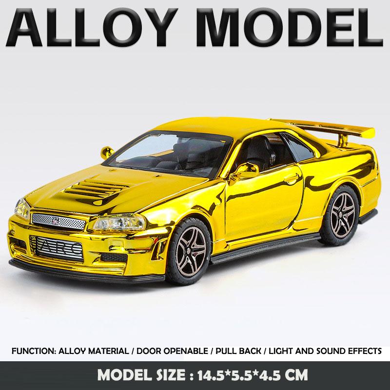 

Electroplated 1:32 Nissan Skyline GTR-R34 Sport Car Model Sound Light Diecast Toy Vehicle Children Boy Gift Miniature Voiture золотий