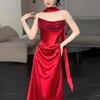 Red Satin Tube Top Flash Diamond Toast   New Niche Birthday Party Thank Engagement Bride Evening Dress