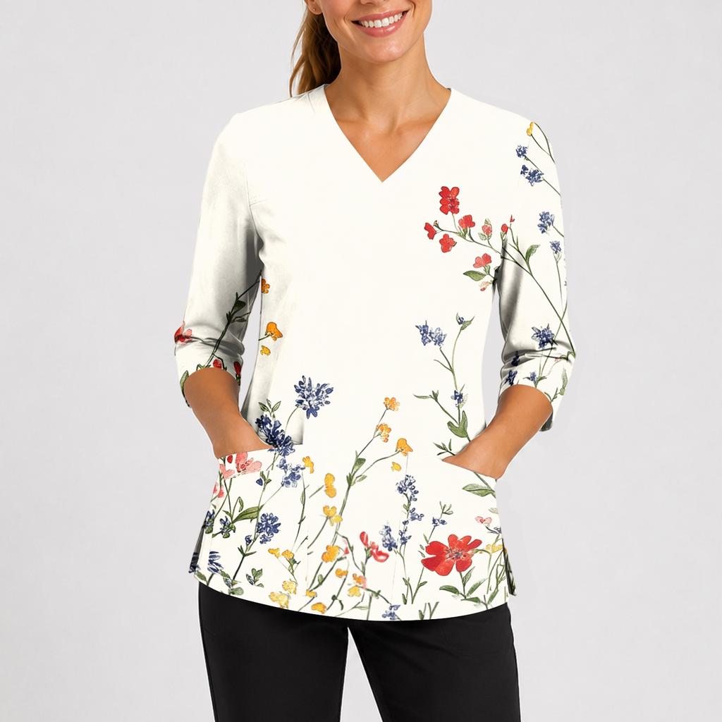 Women's Floral Print Scrub Top with V-Neck, Pockets, Side Slits and 3/4 Sleeves