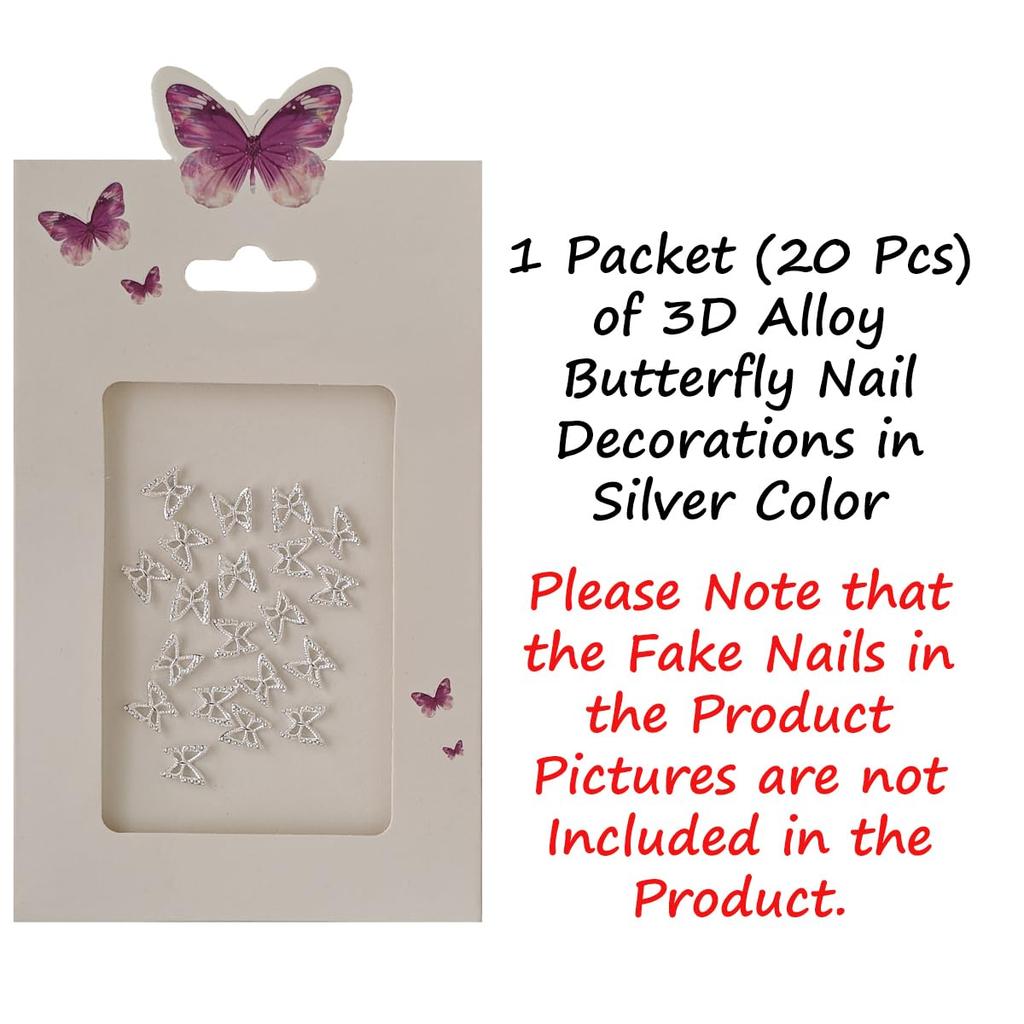 S.A.V.I 3D Butterfly Nail Art Charms (20 Pcs) - Silver Alloy Metal Nail Decorations | 8mm DIY Nail Accessories for Women & Girls | Manicure Art Kit