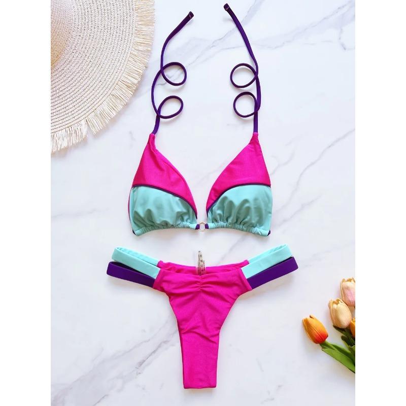 New Sexy Solid Splicin Bikini Set Women's Swimsuit Two-piece Triangle Halter Swimwear Bathing Suit Brazilian Biquinis