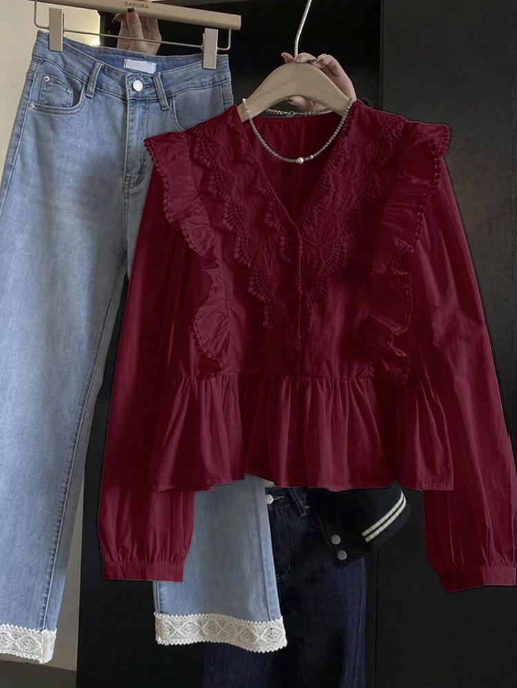 2026 Autumn Women's Casual Lace Patchwork Ruffle Long Sleeve Top