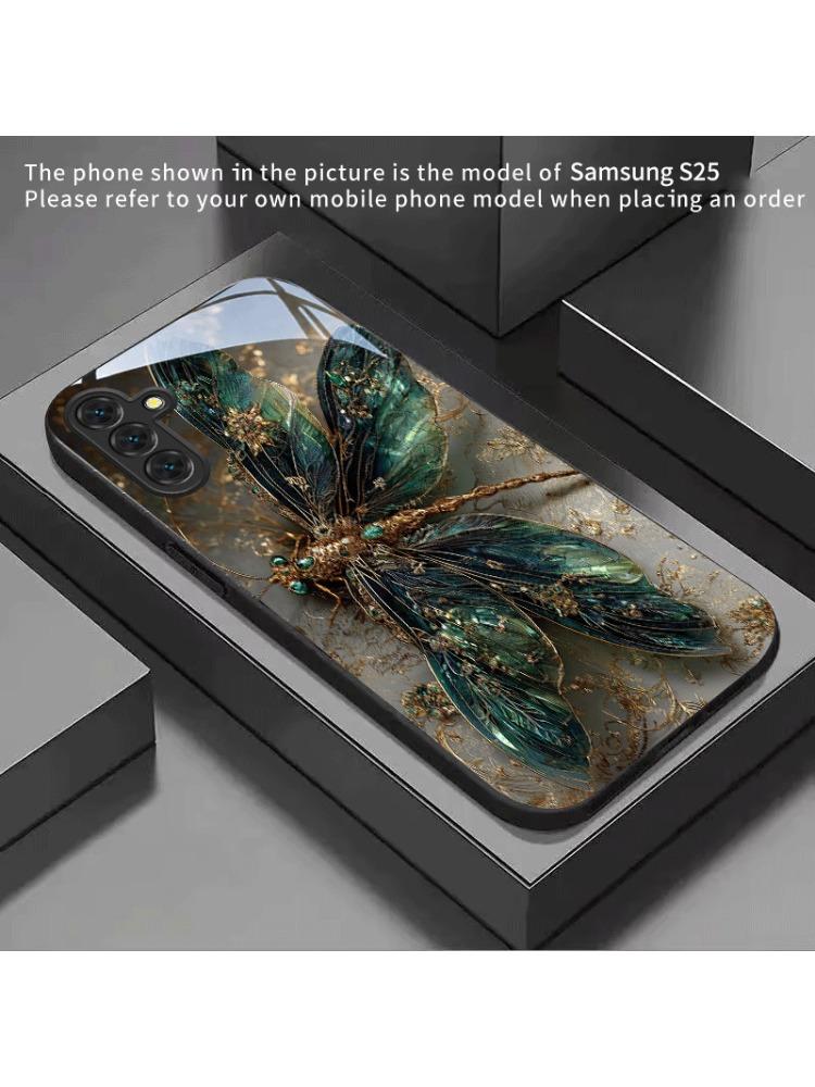 Gilded Emerald Dragonfly Black Glass Phone Case for Samsung Galaxy S26/S25 Ultra/S24/S24 FE/S24 Plus/S24 Ultra/S23+/S22+/S21 5G