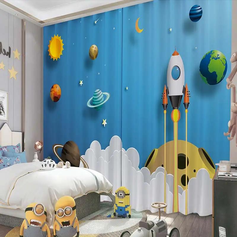 Cartoon High Shading Curtain Children's Room Boy Bedroom Astronaut New Bay Window Sunscreen Blackout Sound Insulation Drape 2Pcs