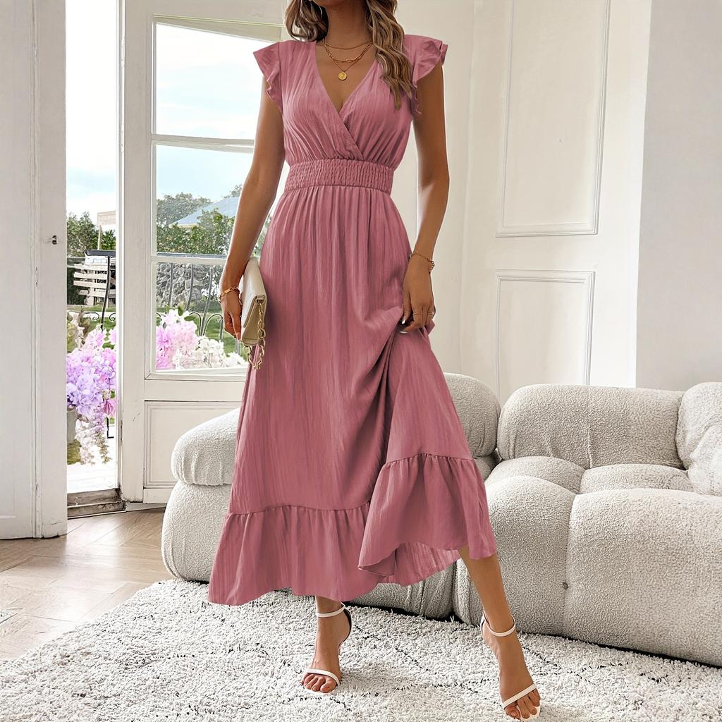 Women's Casual Fashion High-waisted V-neck A-line Dress With Ruffle Sleeves Ruffle Sleeves