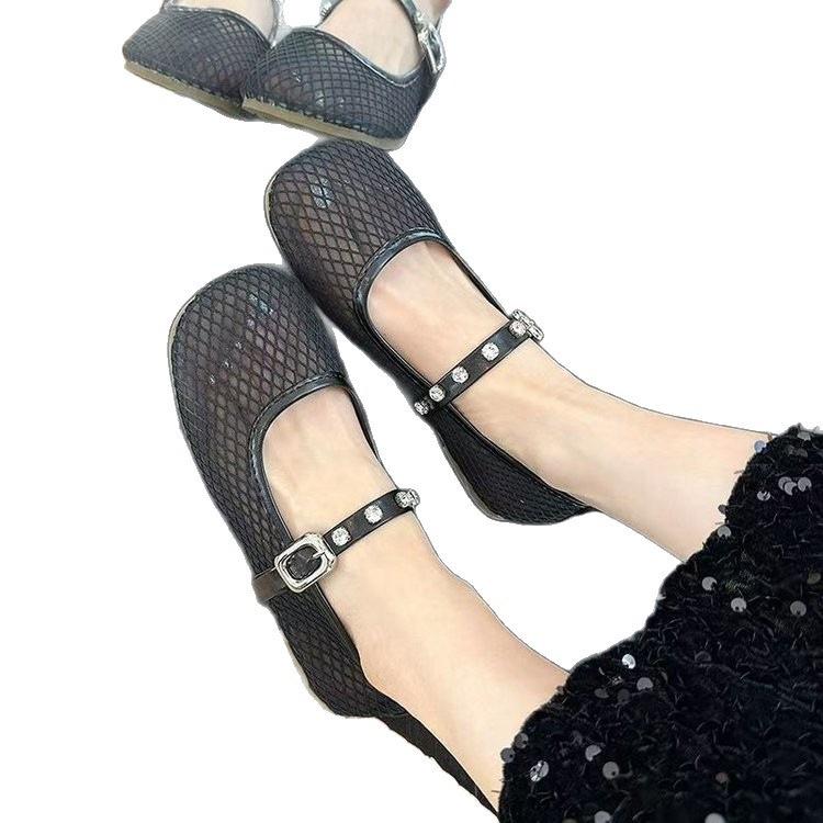 French Flat-bottomed Soft-soled Comfortable Beanie Shoes Women's 2025 Fashion New Mesh-like Soft-soled Versatile Mary Jane Shoes