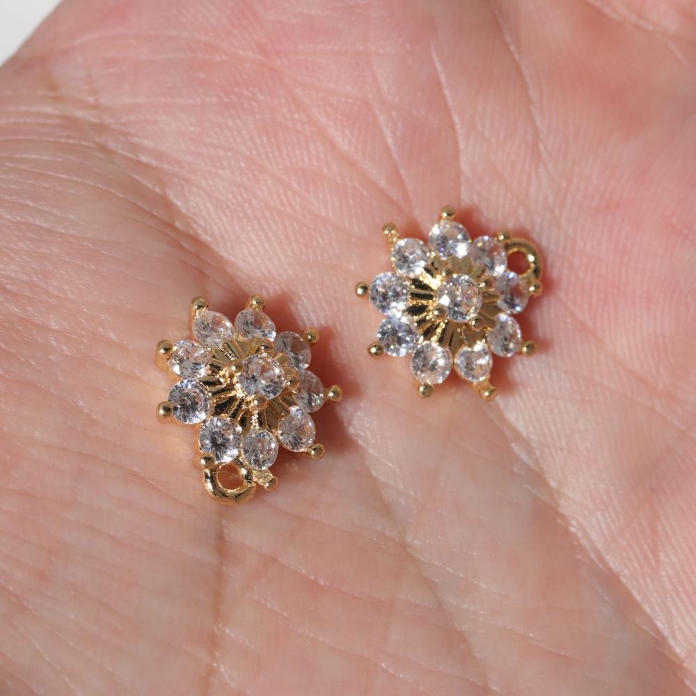 Pink Zirconia Flower Copper Charms, Golden Plated DIY Jewelry Pendants for Earring Necklace Craft