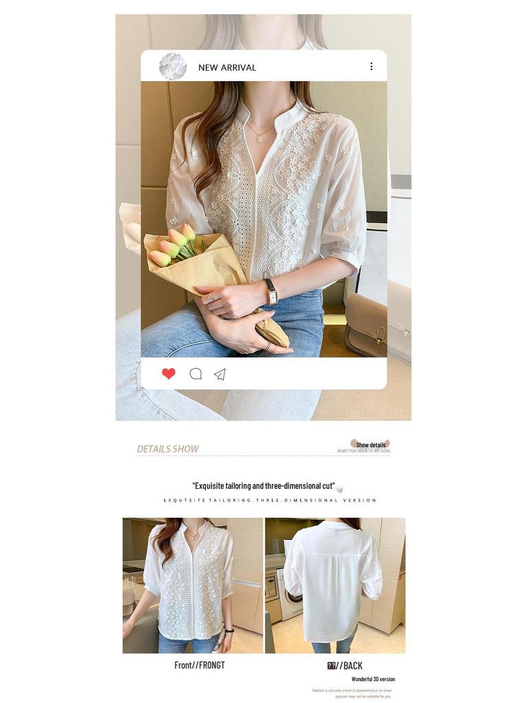 2026 Women's White V-Neck Embroidery Jacquard Lace Puff Sleeve Shirt
