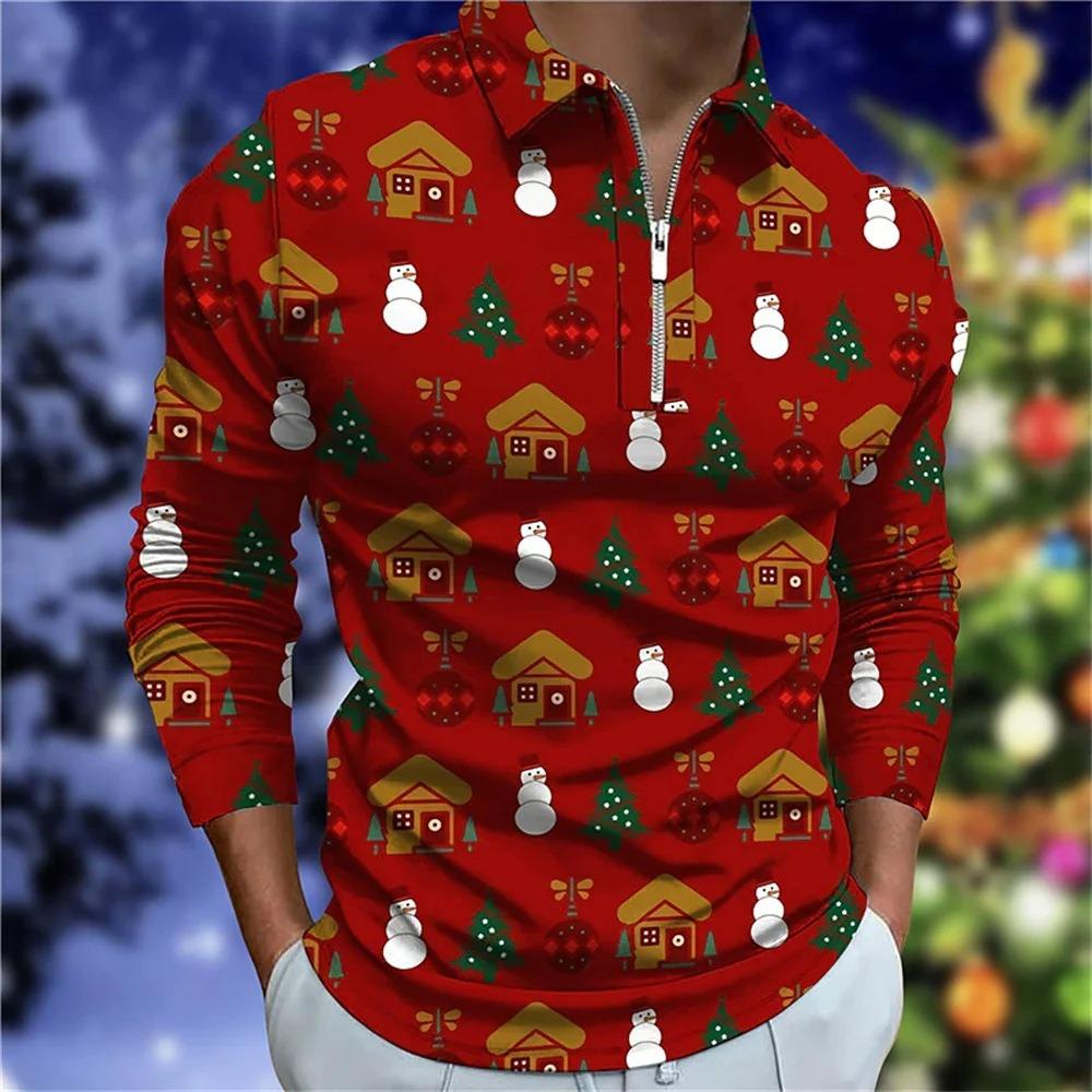 Father Christmas cartoon pattern digital 3D printing polo shirt large size loose men's zip lapel shirt