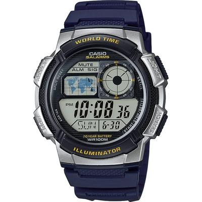 World Time Digital Men's Watch AE-1000W-2AV Navy Silver Waterproof Travel Timepiece