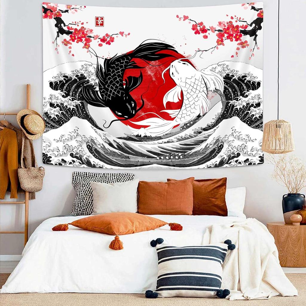 NYMB Japanese Anime Tapestry, Black and White Yin Yang Koi Fish Tapestry for Bedroom Aesthetic, Asian Wave Cherry Blossom Tapestries Poster Beach