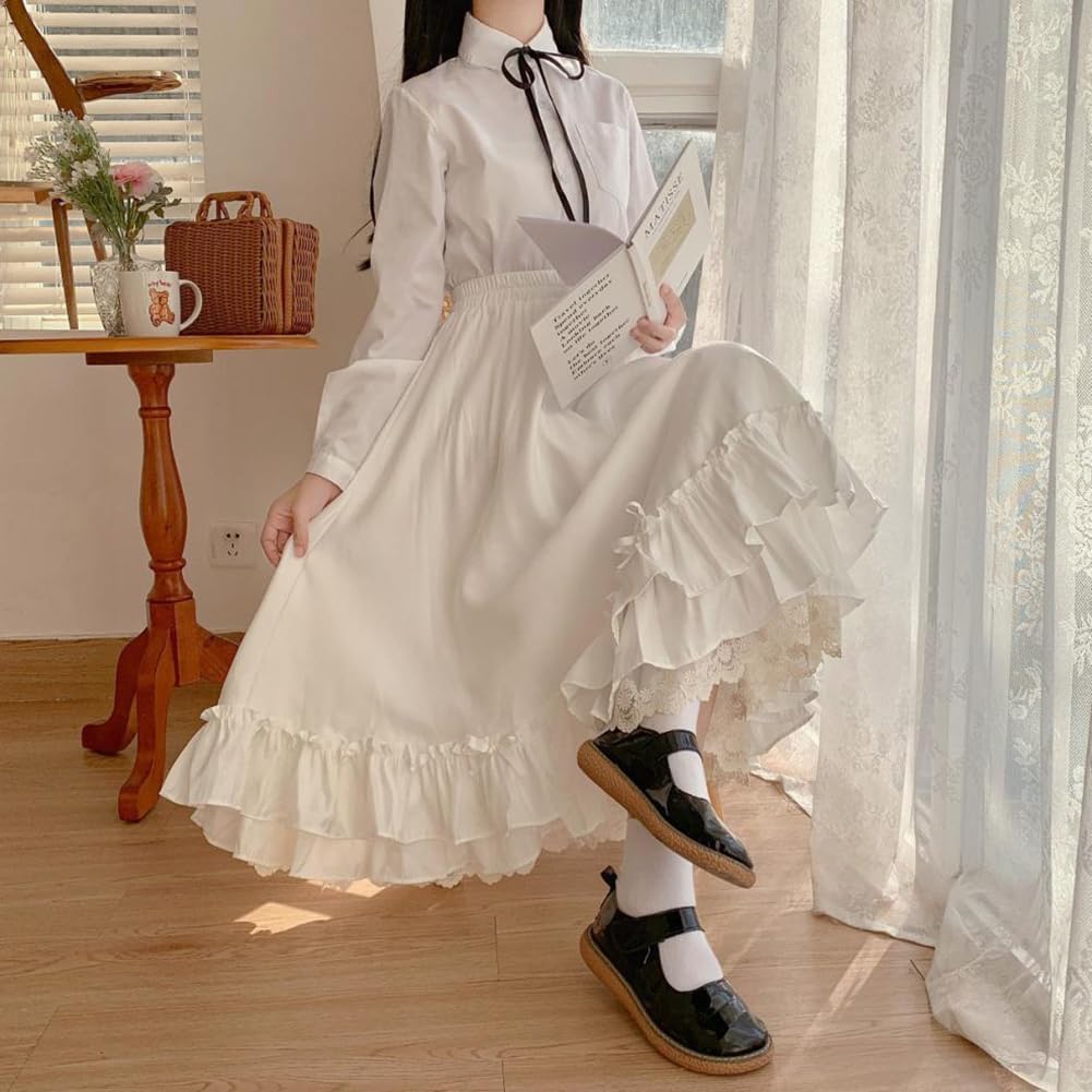 Girls Fluffy Lolita Flared High Waist Lace Large Size Elastic School Skirt Cosplay Classical Princess School Style Everyday Wear Plain [KANO SEIKA]