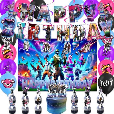 Szerethető Fortnite Lövöldözős Játék Születésnapi Party Dekorációs Kellékek Születésnapi Zászló Torta Dísz 24 Sütemény Dísz 18 Lufi Háttér