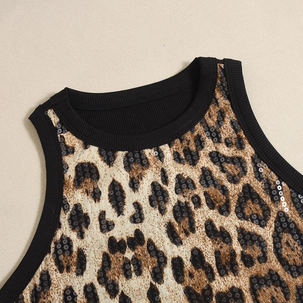 Bead, Leopard Print, Vest, Sexy, Exposed Waist, Color Blocking, Sleeveless Top for Women