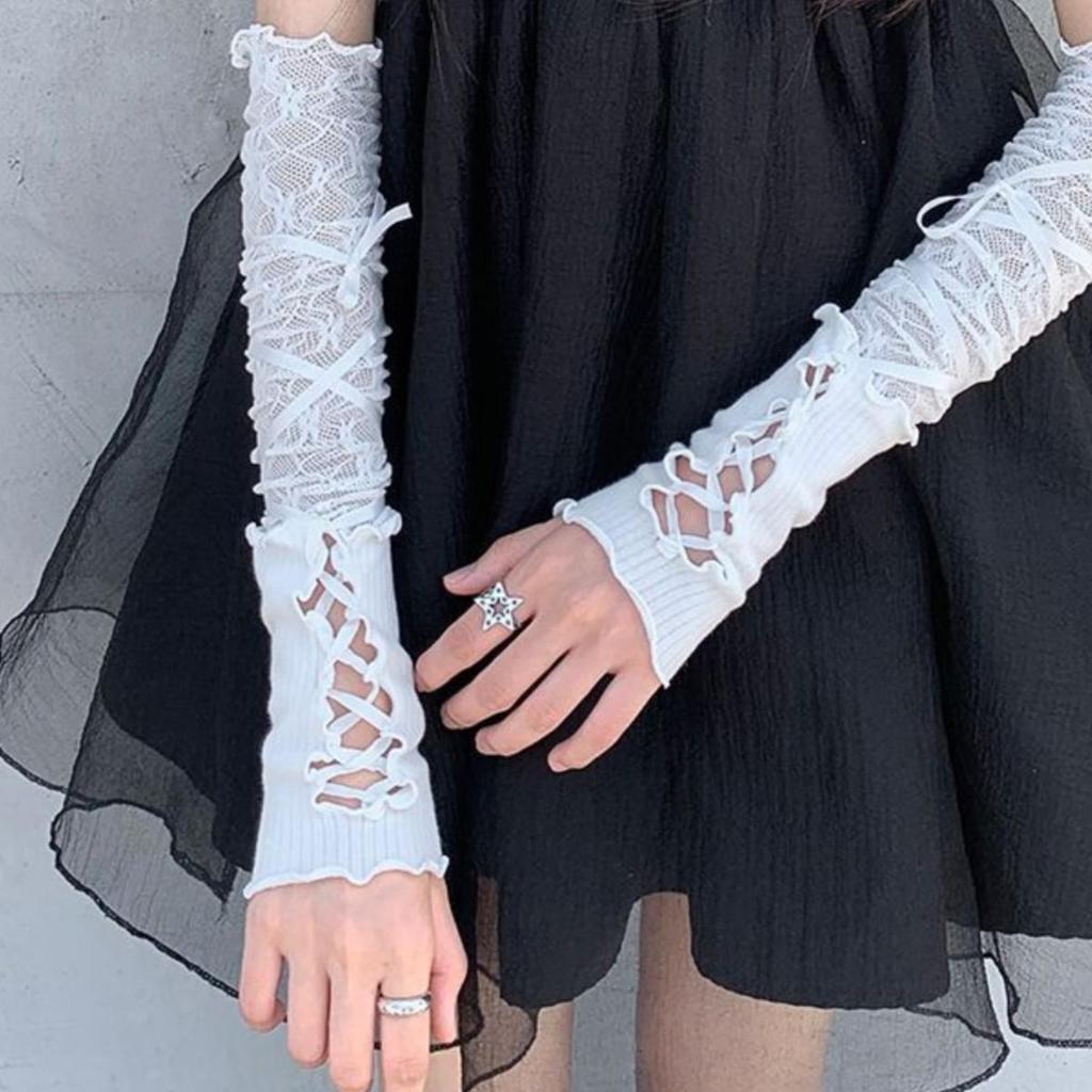 Y2K Ballet-Style Women's White Lace Fingerless Gloves - Thin, Sun Protection, Lace-Up Design