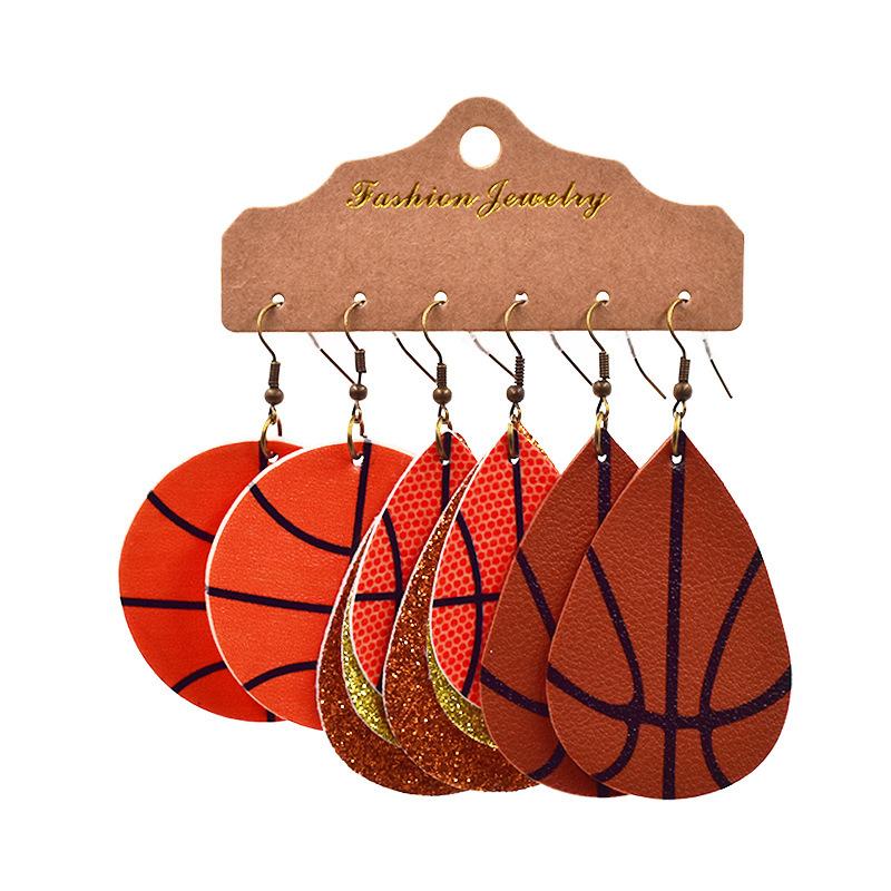 World Cup sports ball drop-shaped leather earrings, basketball, football, rugby, baseball earrings, multi-layered earrings, three pairs in one pack