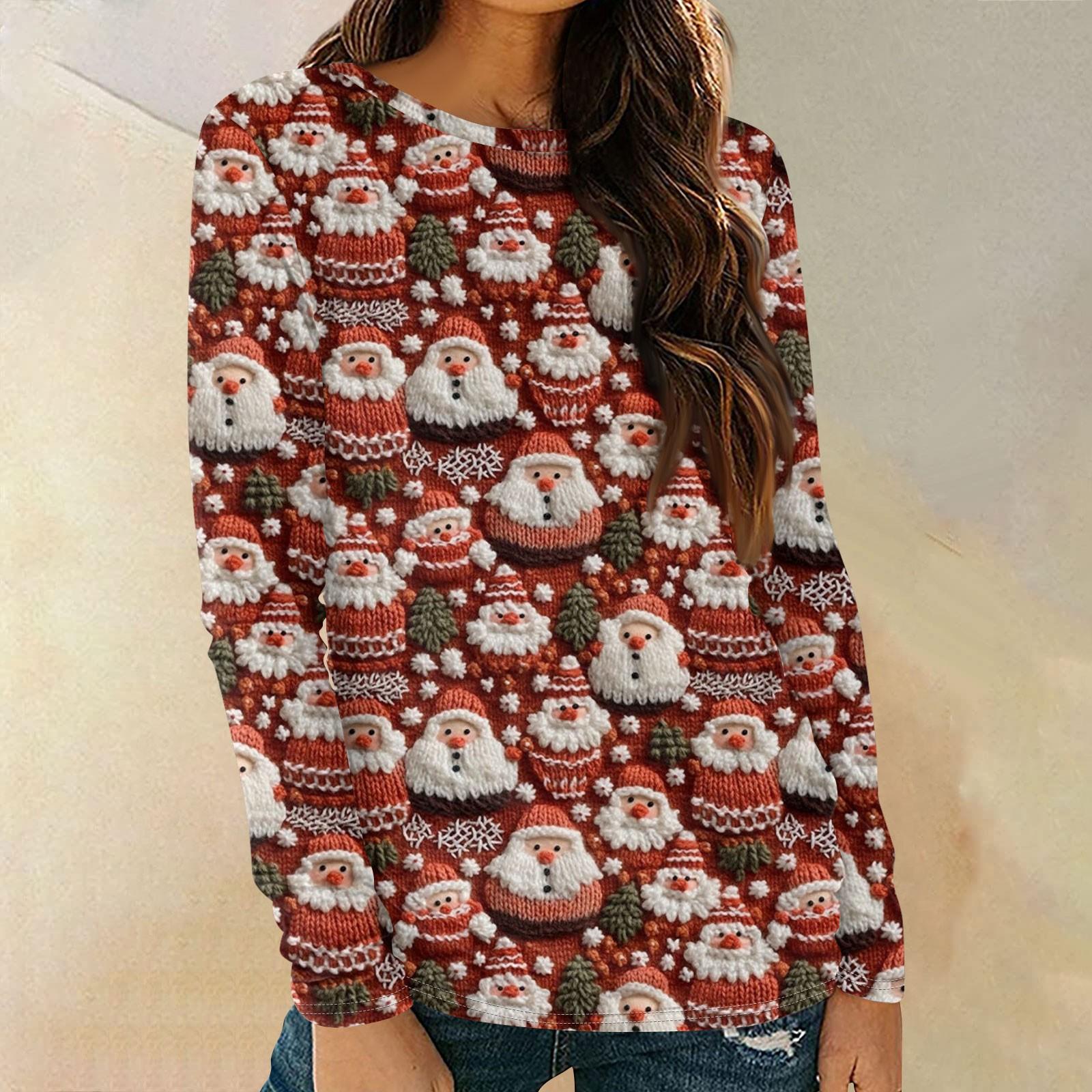 

Женские рубашки с длинным рукавом и круглым вырезом, повседневные топы, туники с рождественским принтом, свободные футболки M красный