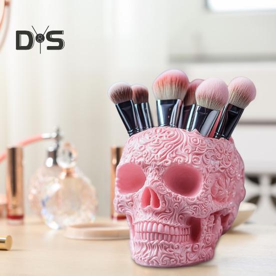 Makeup Brush Holder Skull Shape Large Capacity Makeup Brush Container Sturdy Resin Construction Storage Organizer
