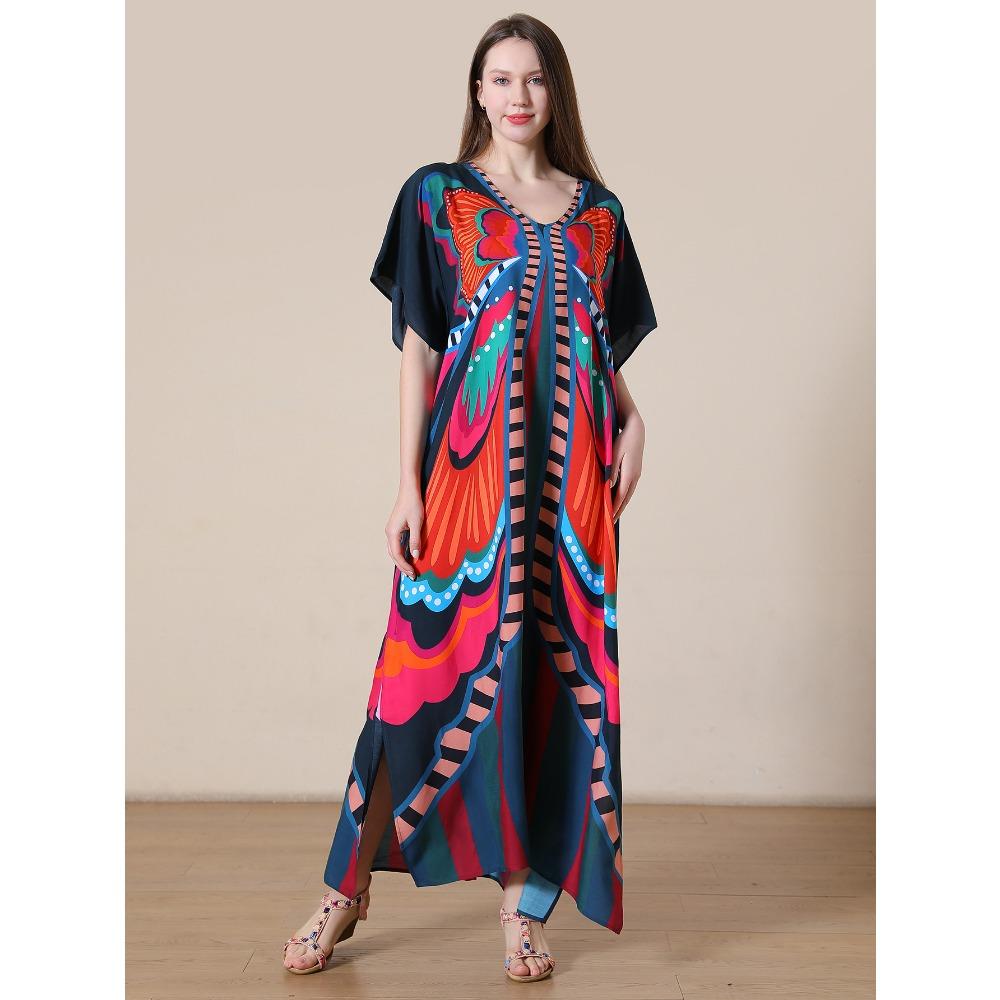 Plus Size Boho Kaftan Dress, Women's Plus Maxi Cover Up Dress