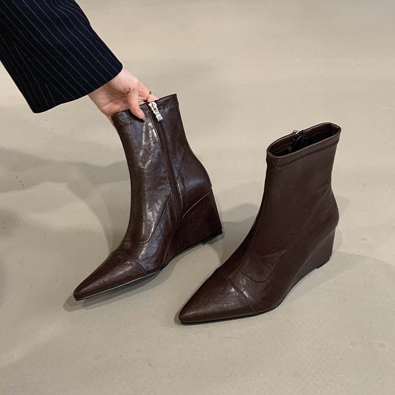 Slope Heel High Heel Short Boots 2025 New Autumn and Winter Pointed Elastic Thin Boots Black Retro Versatile Martin Boots Women