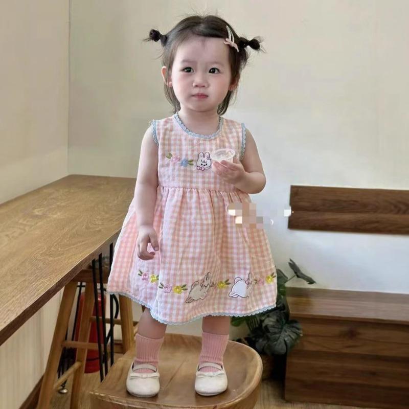 Summer Kids Sundress Toddler Pink Bunny Grid Sleeveless Dress Children Girls Yellow Clothes
