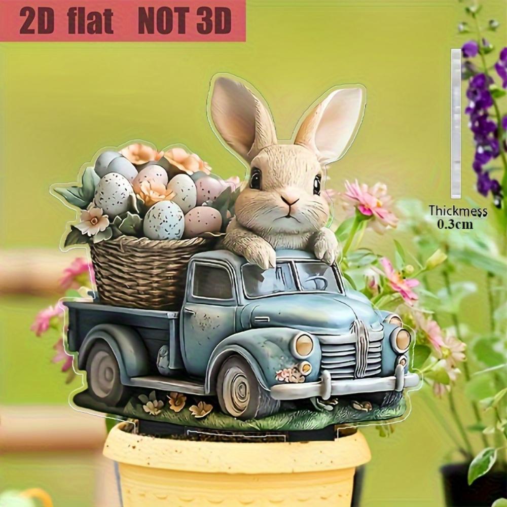 Charming bunnies and vintage trucks, 2D flat acrylic, decorative, suitable for gardens, lawns, potted plants, suitable for Christmas, Halloween
