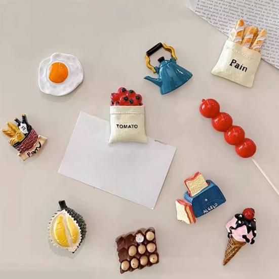 3D Simulation Food Refrigerator Magnet Resin Fried Egg Durian Bread Tomato Wine Coffee Mug Milk Fridge Magnet Home Office Decorative Accessories