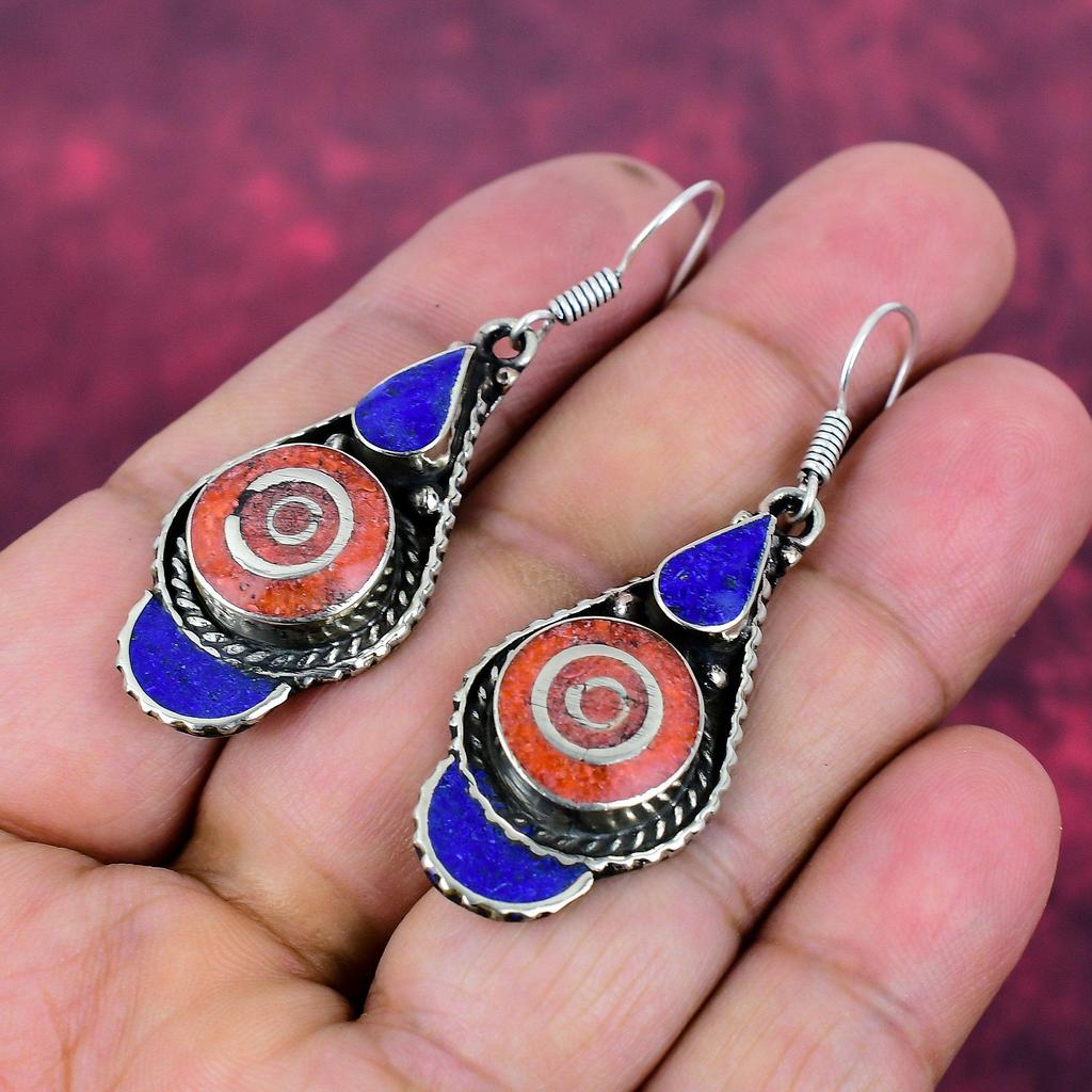 Coral & Lapis Lazuli 925 Solid Sterling Silver Nepali Earrings, Handmade Gemstone Earrings Jewelry, Gifts For Wife Brand New Earrings