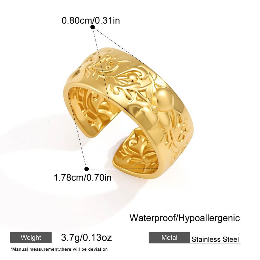 Vintage Stainless Steel Flower Texture Wide Ring for Women 18K PVD Gold Plated Waterproof Adjustable Finger Jewelry Gifts
