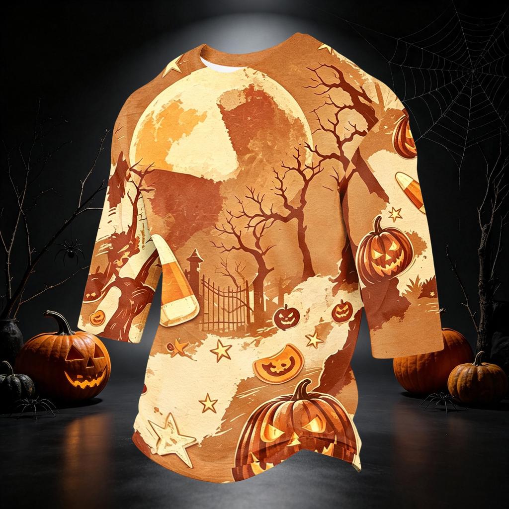 Men's Casual 3/4 Sleeve Round Neck T-Shirt with Halloween Print