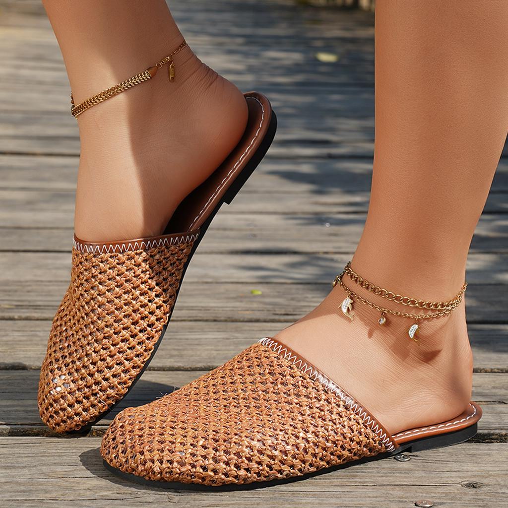 Womens Summer Open Toe Knit Mesh Slip On Flat Shoes For Daily Comfort