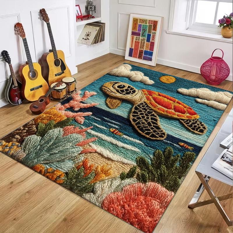 

2D Sea Turtle Area Rug Underwater Wave Print Floor Mat Non-Slip Coral Shell Themed Carpet for Living Room Bedroom Kids Playroom 40X60CM