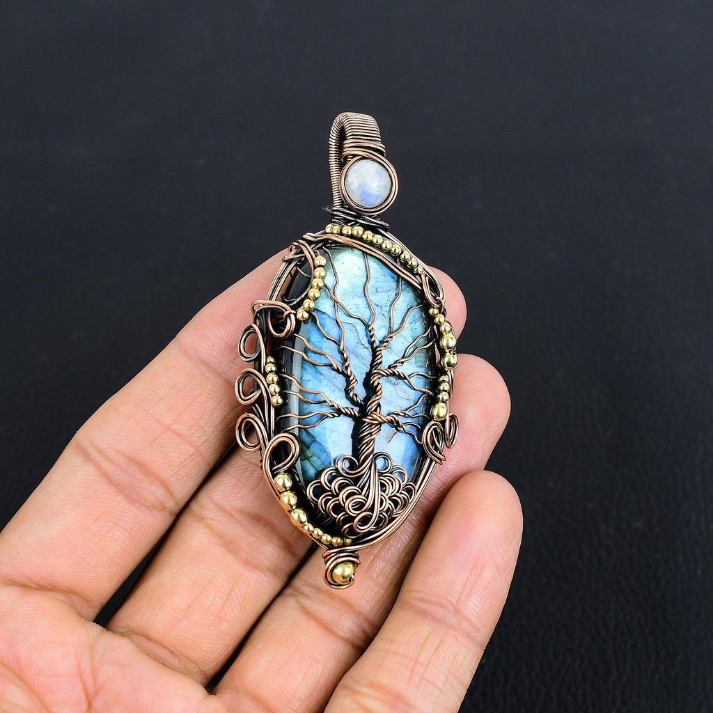 Labradorite Pendant, Handmade Gemstone 999 Copper Wire Wrapped Pendant Antique Jewelry, For Gift Silver Jewelry