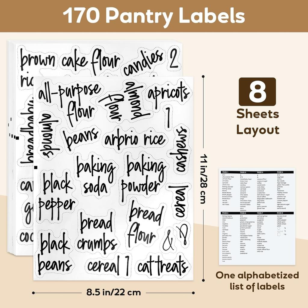 170PCS Food Pantry Labels, Kitchen Container Storage Labels Spice Organize Storage Jars Boxes Bottles Preprinted Black Script Clear Stickers - Water