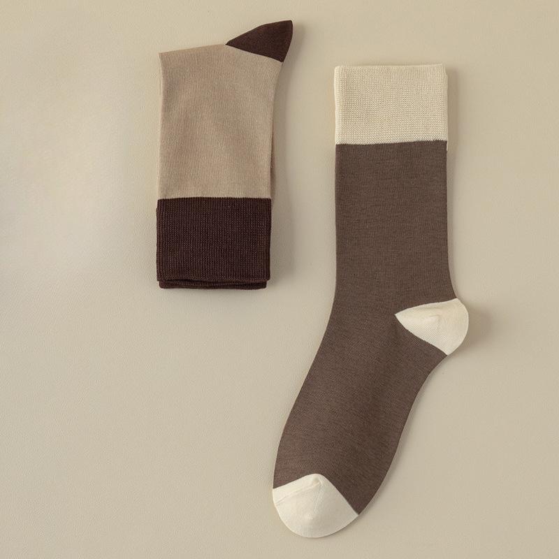 Women's Spring and Autumn Color-matched Comfortable Mid-calf Socks, Simple and Retro Casual Breathable Sports Socks, Cotton Socks