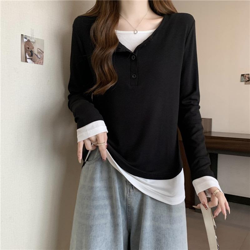 

Женская футболка с длинным рукавом, контрастного цвета, имитация двойки, свободного кроя, тонкая, нишевый дизайн, топ для ношения внутри и снаружи 2XL чёрный