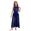 Girls Performance Dress Shiny Sequins Rhinestones Strappy Cutout Waist Side Split Mesh Dancewear