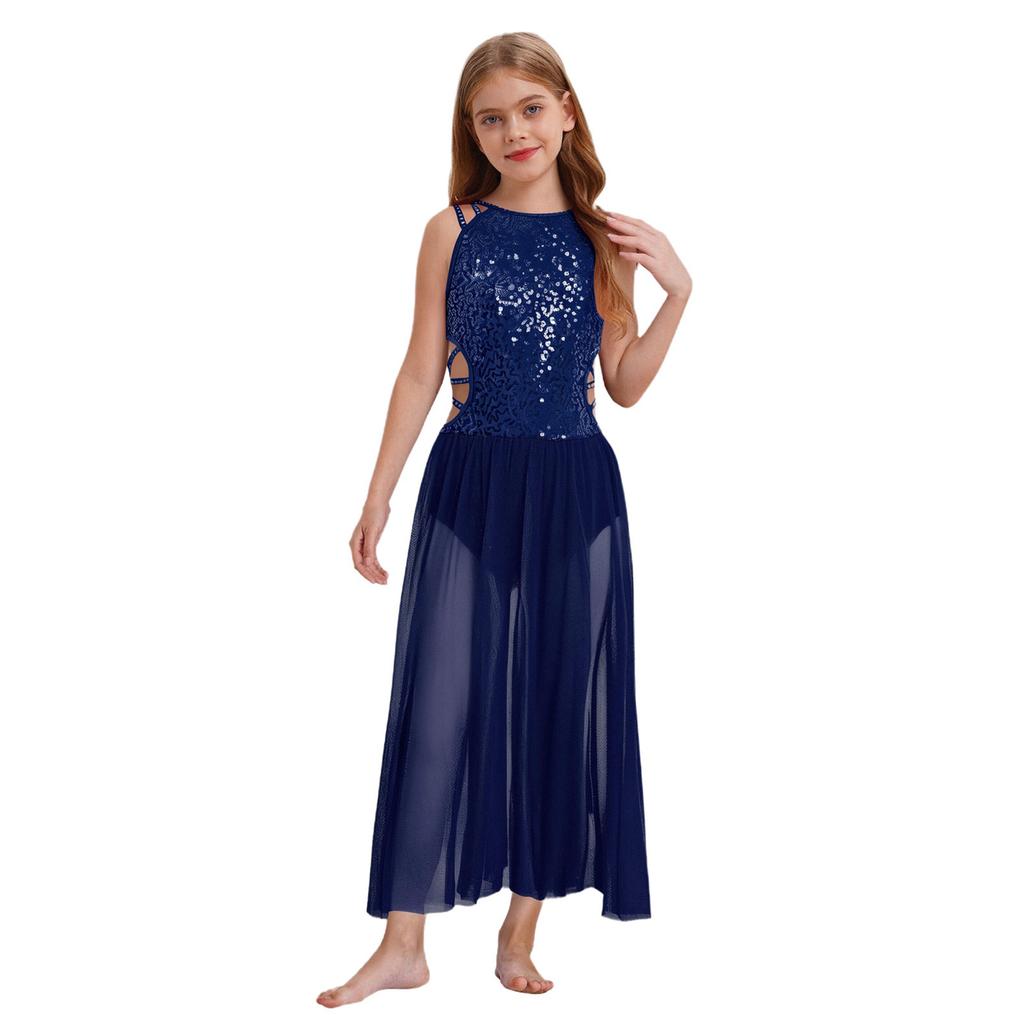Girls Performance Dress Shiny Sequins Rhinestones Strappy Cutout Waist Side Split Mesh Dancewear