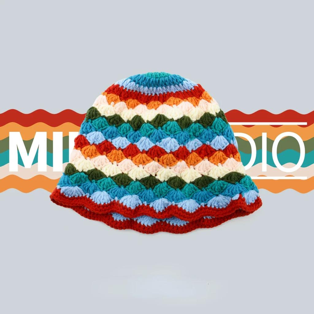 Cute Dopamine Wind Japanese Handmade Crochet Knitted Bucket Hat Rainbow Rhombus Plaid Wool Bucket Winter Basin Hat Bucket Hat