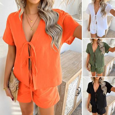 Spring & Summer Solid Color Tie-Up Top and Shorts Set - Casual Holiday Style for Women