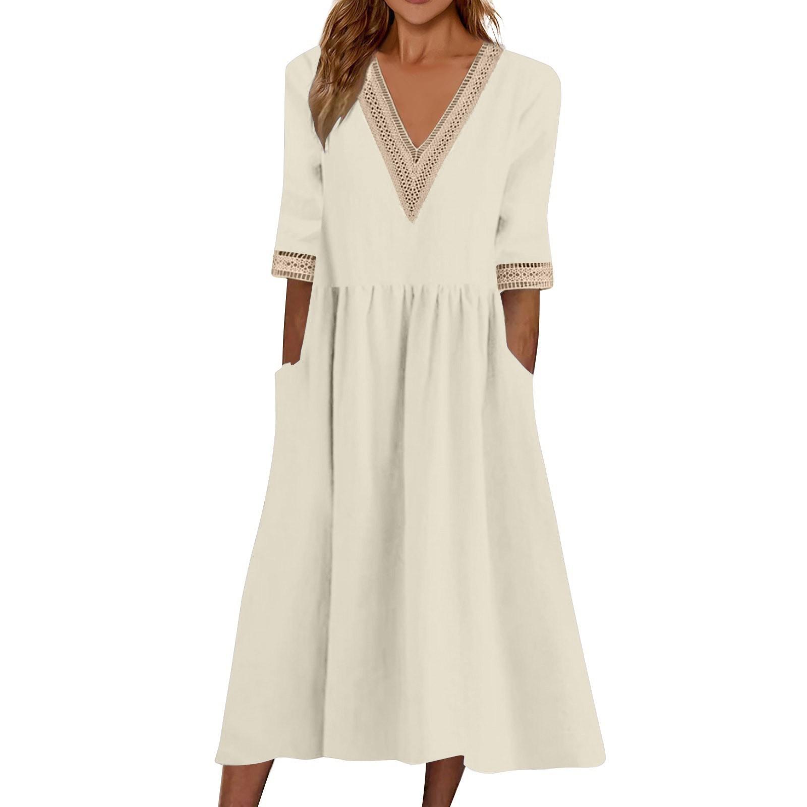 

Women s Fashionable Casual Solid Color Short Sleeved Lace V-Neck Waist Cinched Dress L бежевий