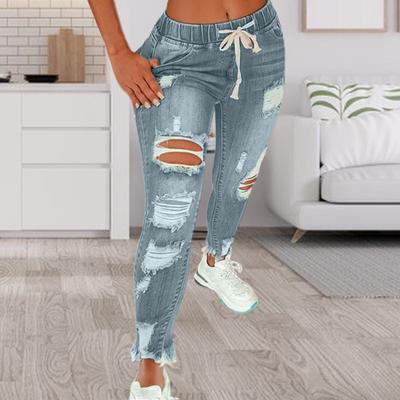 Calças Jeans Femininas Rasgadas com Buraco Elásticas de Verão Slim Fit Versátil Jeans para o Dia a Dia