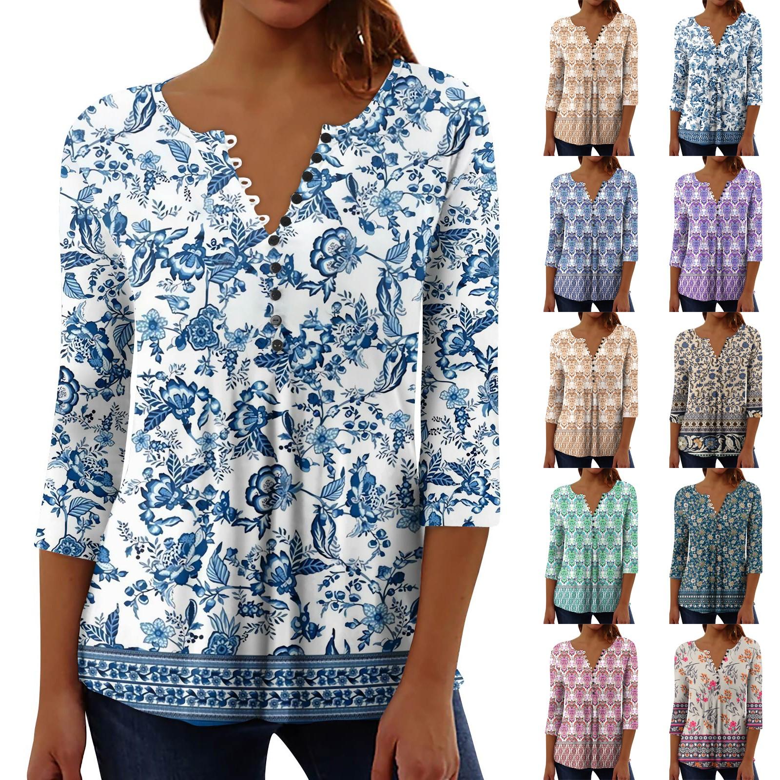 

Women s Fashion Casual Pullover T-Shirt 3/4 Sleeve Printed Top L Темно-синій