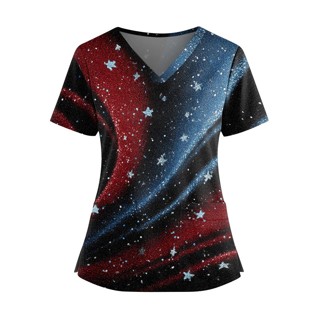 Women's Independence Day Print V-Neck Double Pocket Short Sleeve Uniform with Slit Hem - Caregiver Top