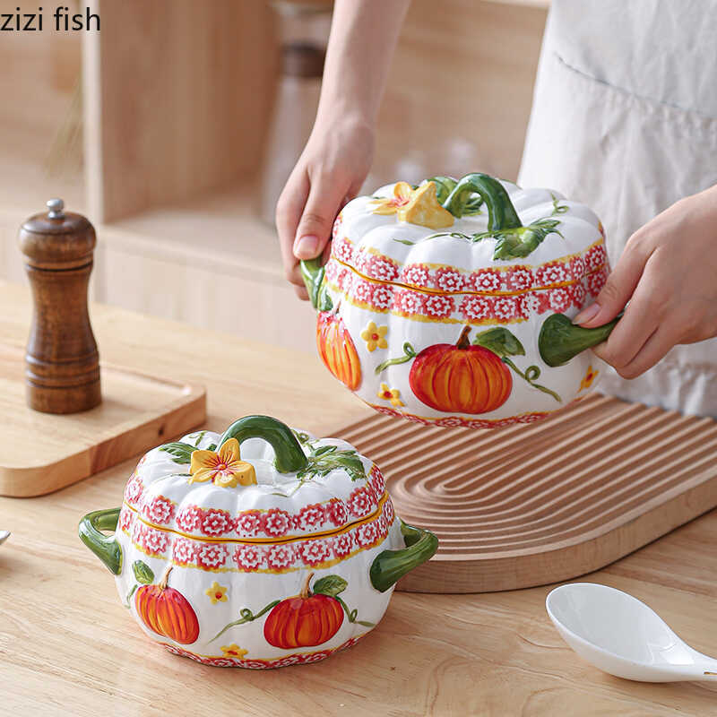Double Ear Ceramic Bowl with Lid Pumpkin Soup Bowls Pig Oil Tank Storage Tank Stew Pot Dining Plate Dessert Bowl Noodle Bowls
