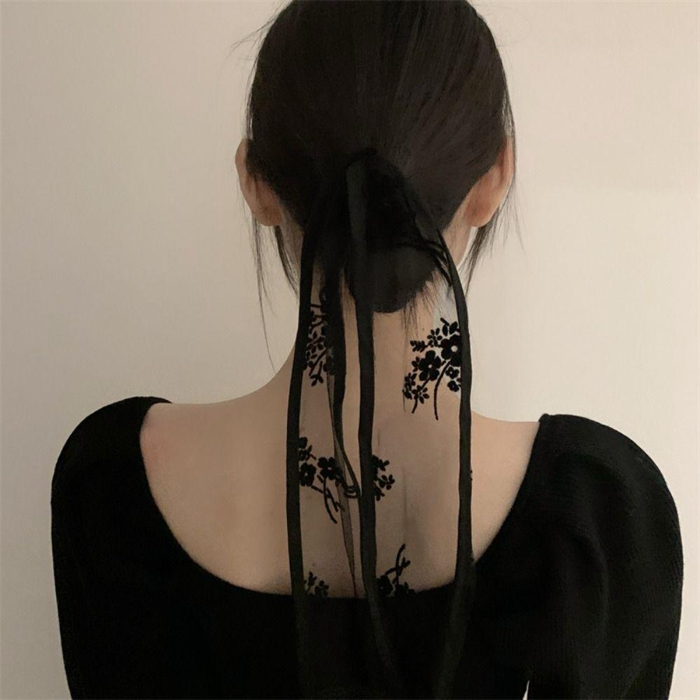 

Flocking Long Scarf Dot Scarf Hair Band Elegant Flower Silk Scarf Ladies
