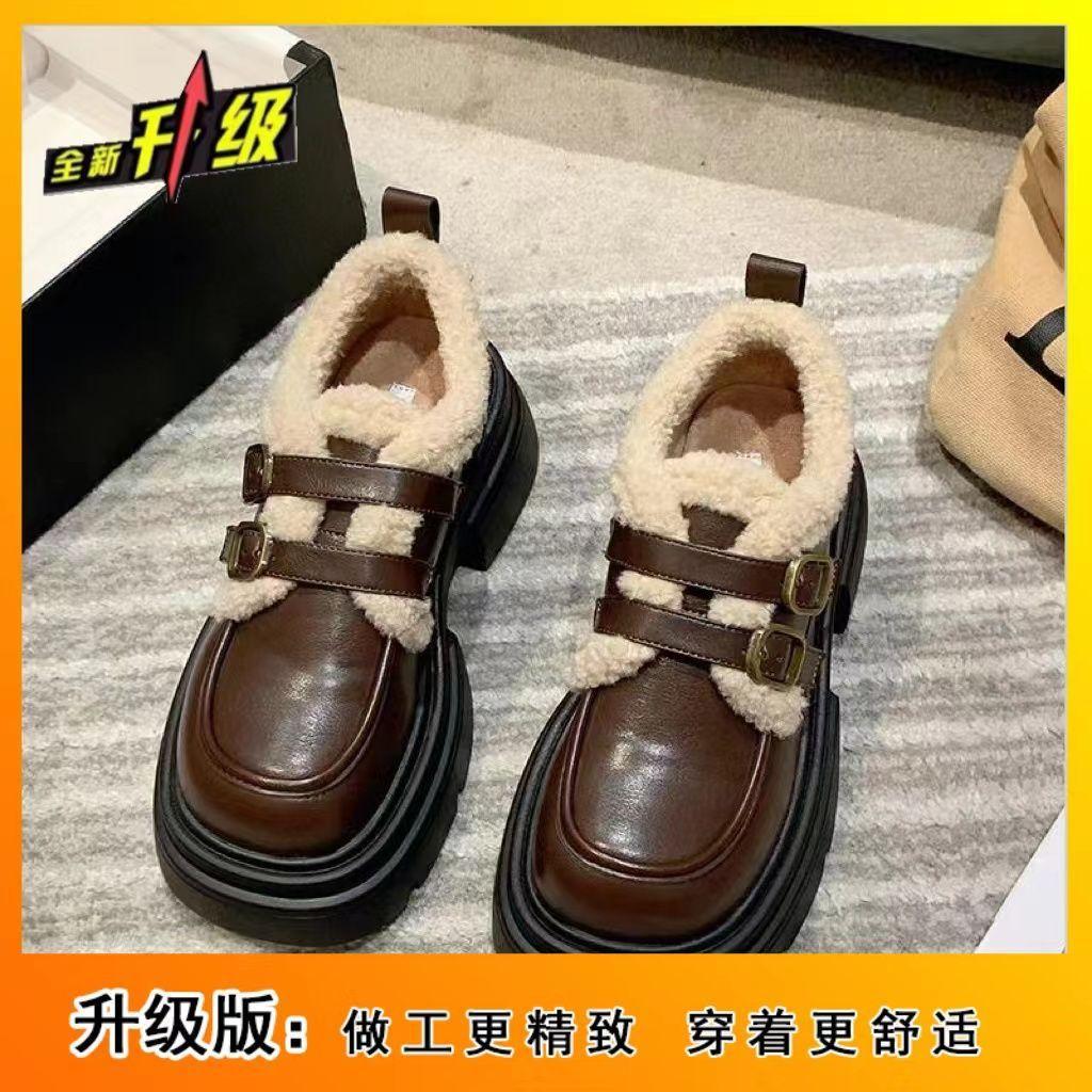 British style platform small leather shoes women's new autumn thick heel versatile skirt velvet Korean version cotton shoes