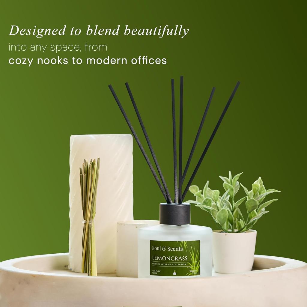 Soul & Scents Glass 120ml Lemongrass Reed Diffuser Set | Free 6 Fiber Reed Sticks | Stress Relief & Aromatherapy | Long-Lasting,
